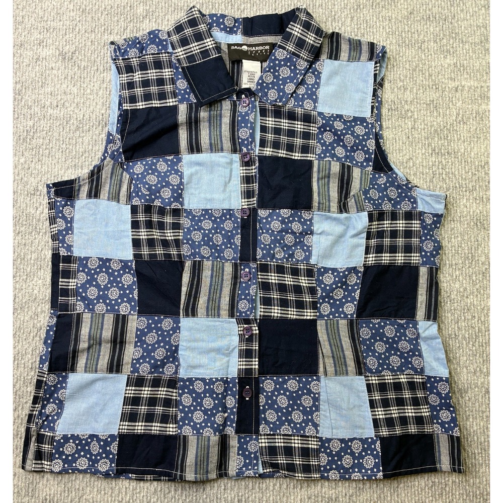Sag Harbor Sport Petite Large Blue Patchwork Sleeveless Button Front Shirt